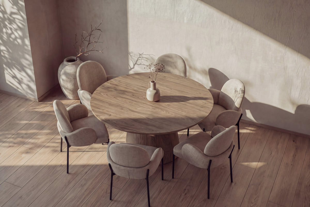 Lanzo rund matgrupp med Blom-stolar Ø150 cm natur/svart/beige