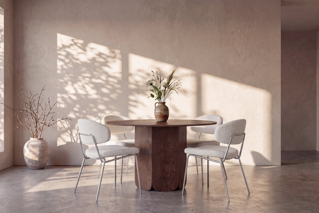 Tekla rund matgrupp med Chico-stolar Ø120x75 cm mockabrun/vit