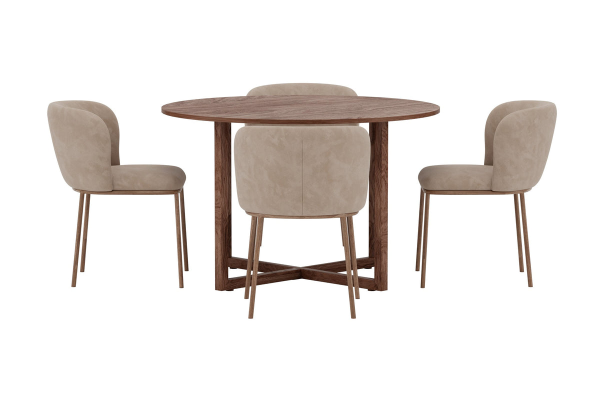 Durango och Edina rund matgrupp Ø120x75 cm valnötsimitation och beige sammet
