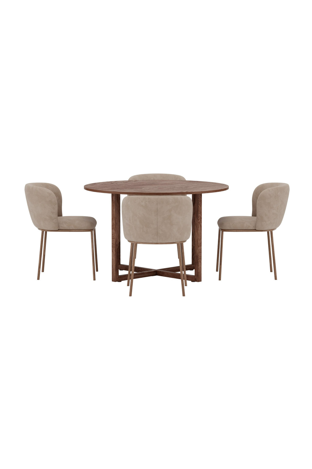 Durango och Edina rund matgrupp Ø120x75 cm valnötsimitation och beige sammet