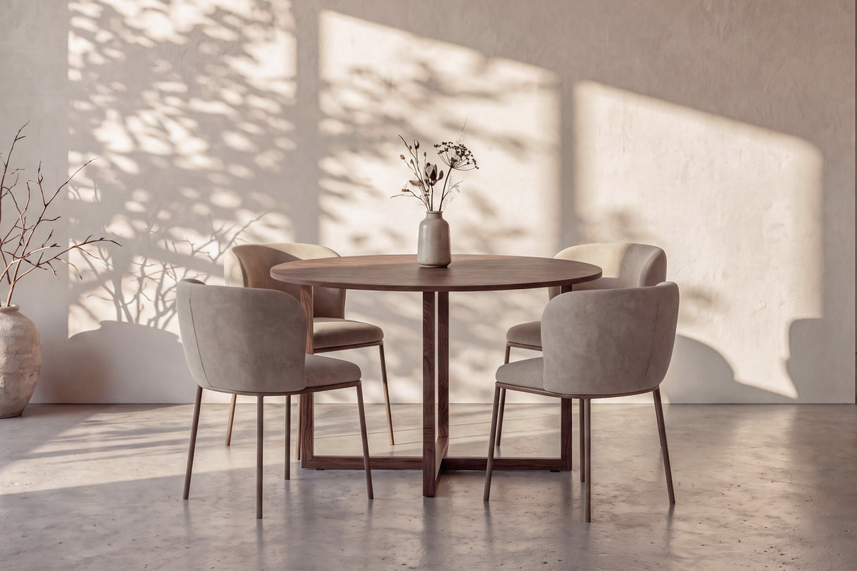 Durango och Edina rund matgrupp Ø120x75 cm valnötsimitation och beige sammet
