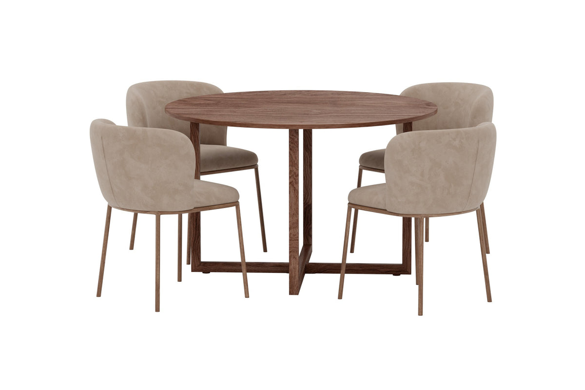 Durango och Edina rund matgrupp Ø120x75 cm valnötsimitation och beige sammet