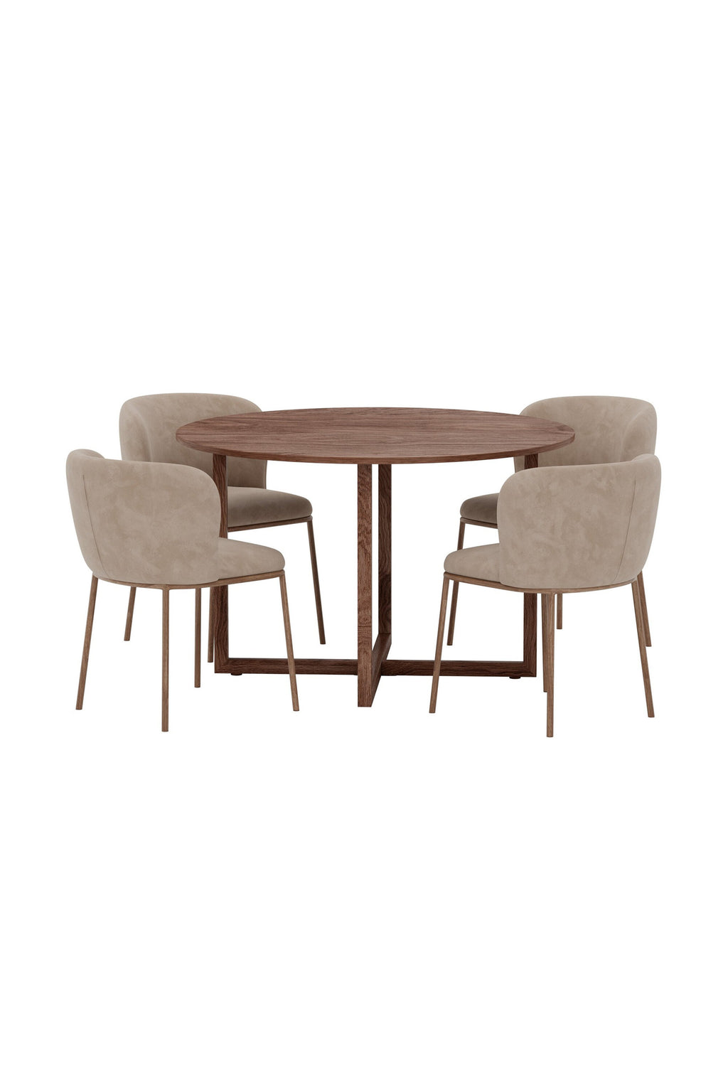 Durango och Edina rund matgrupp Ø120x75 cm valnötsimitation och beige sammet