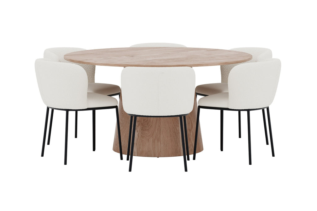 Lanzo och Edina rund matgrupp Ø150 cm naturfärgad med svart/vit bouclé