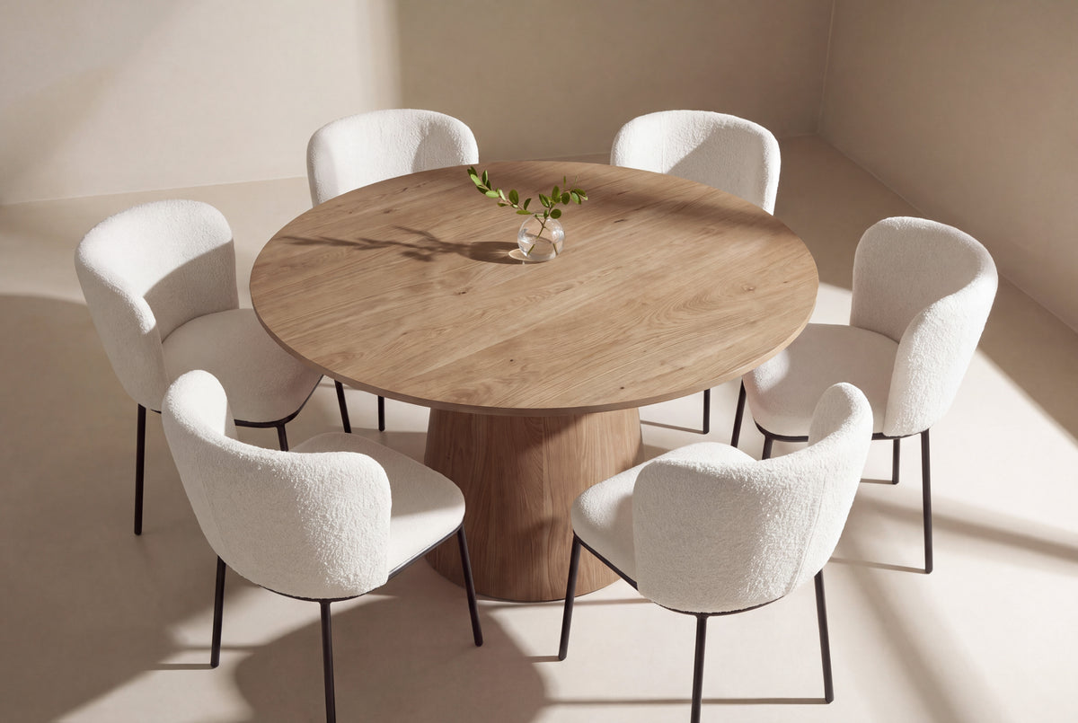 Lanzo och Edina rund matgrupp Ø150 cm naturfärgad med svart/vit bouclé