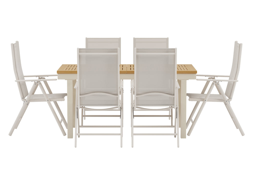 Panama matgrupp med naturfärgat bord och 6 beige Break-stolar