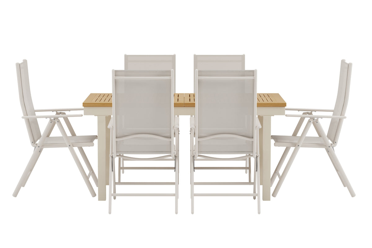 Panama matgrupp med naturfärgat bord och 6 beige Break-stolar