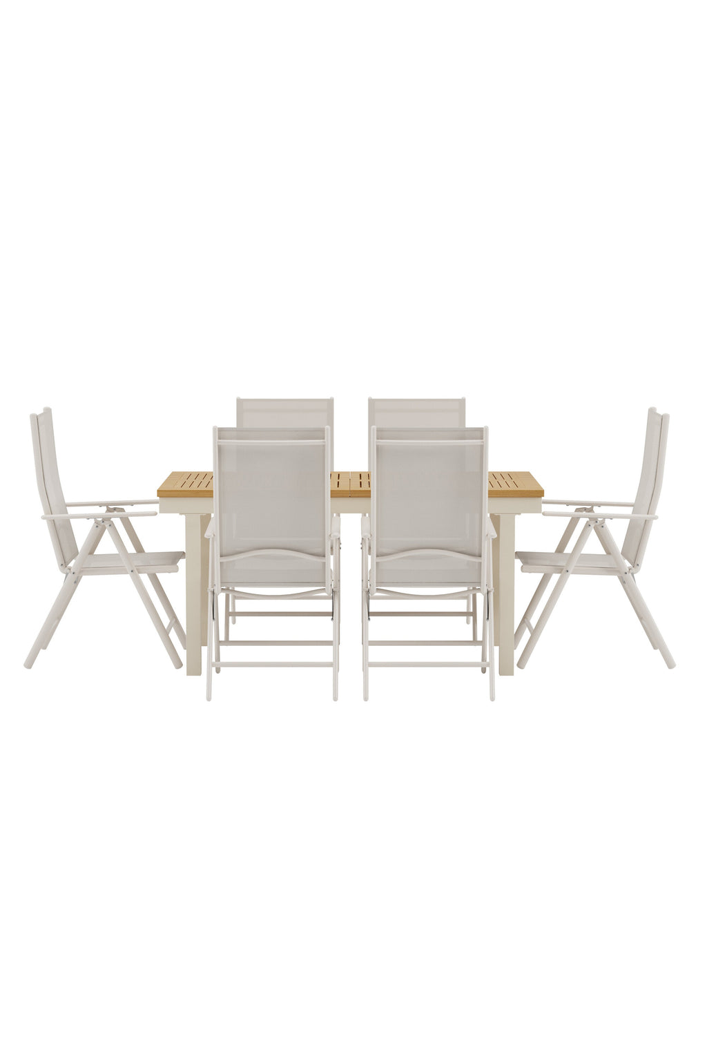 Panama matgrupp med naturfärgat bord och 6 beige Break-stolar