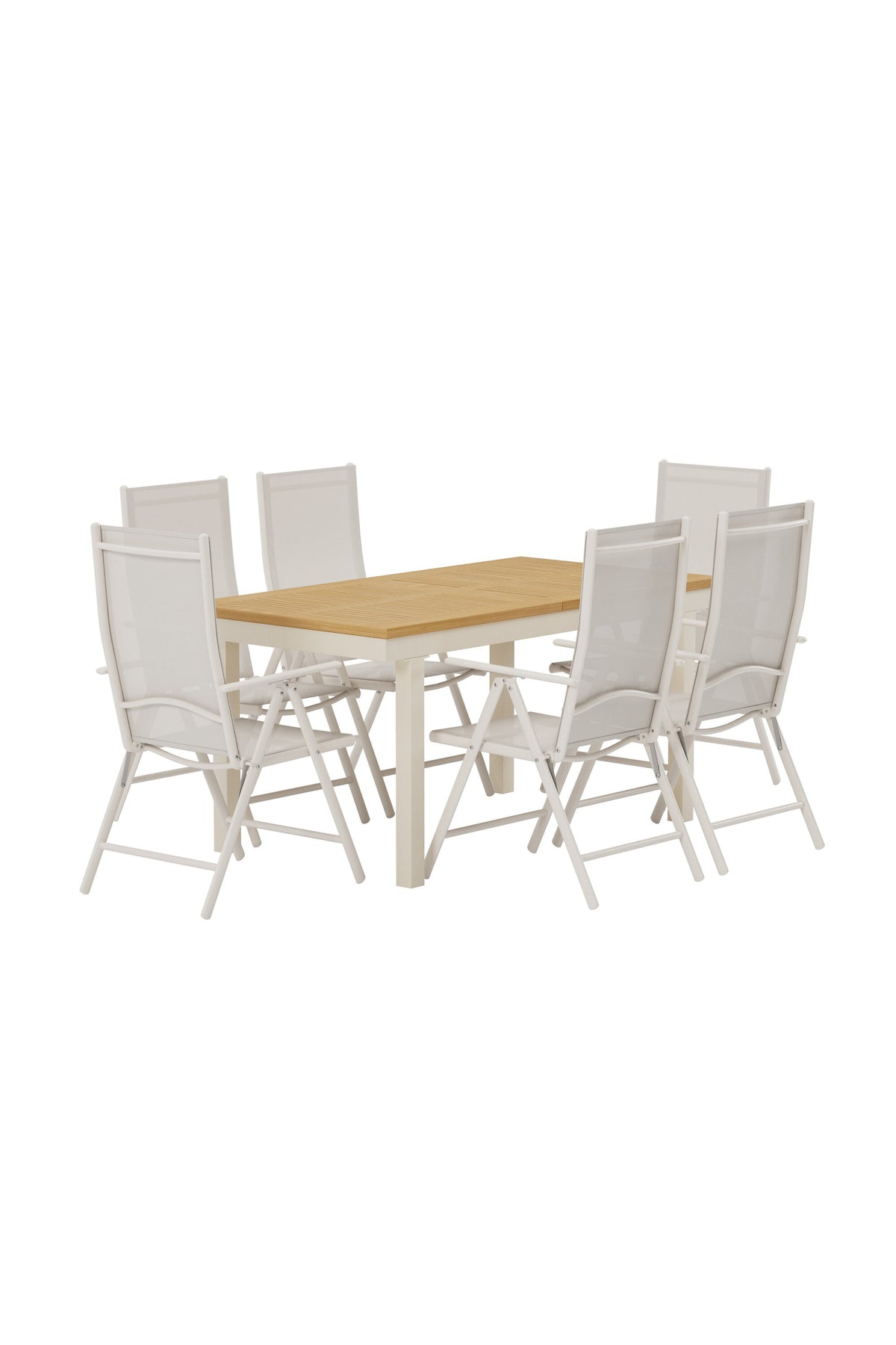 Panama matgrupp med naturfärgat bord och 6 beige Break-stolar