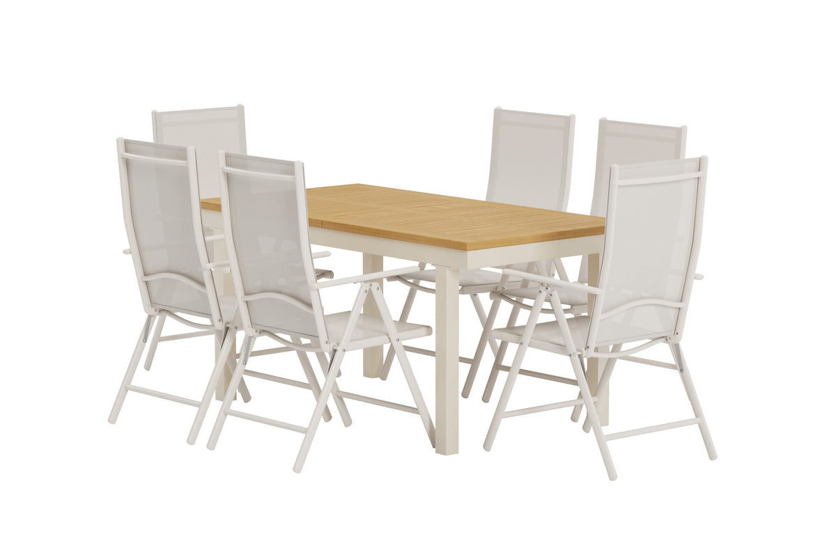 Panama matgrupp med naturfärgat bord och 6 beige Break-stolar