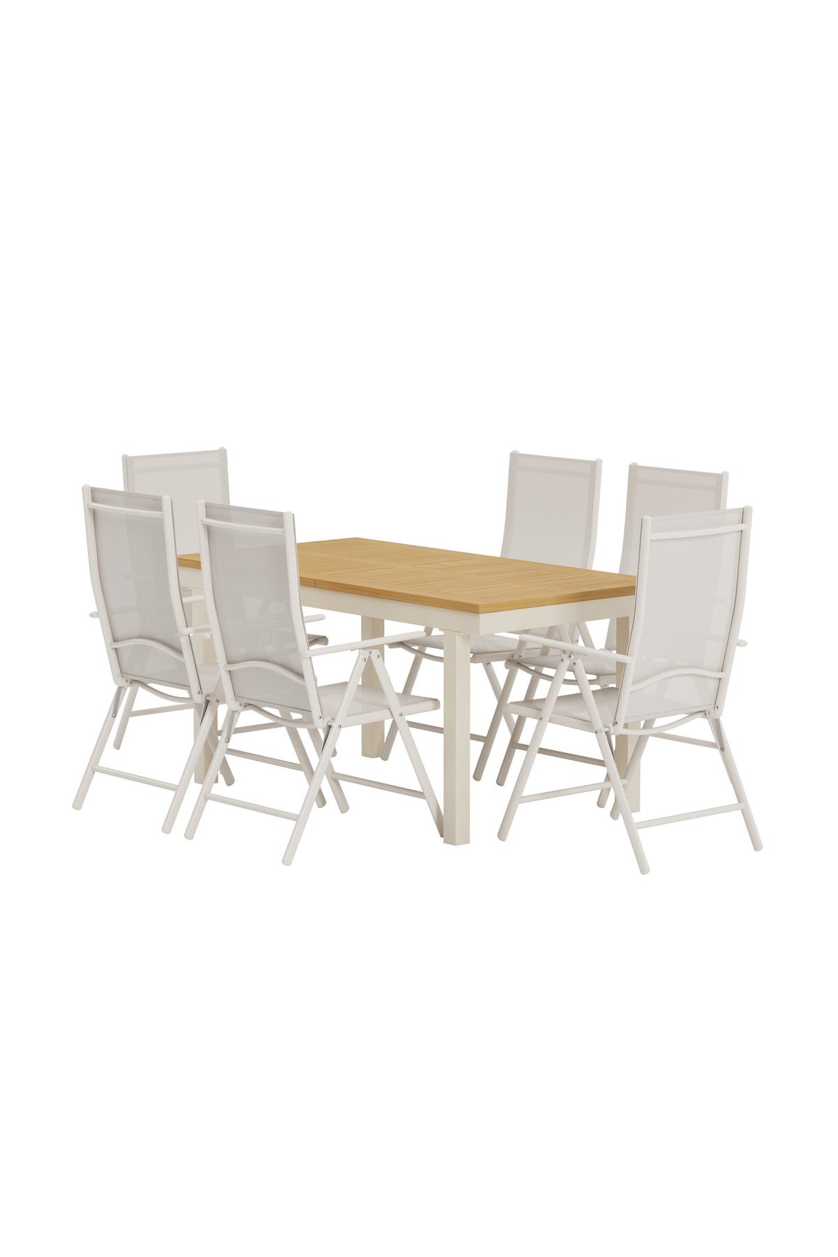 Panama matgrupp med naturfärgat bord och 6 beige Break-stolar