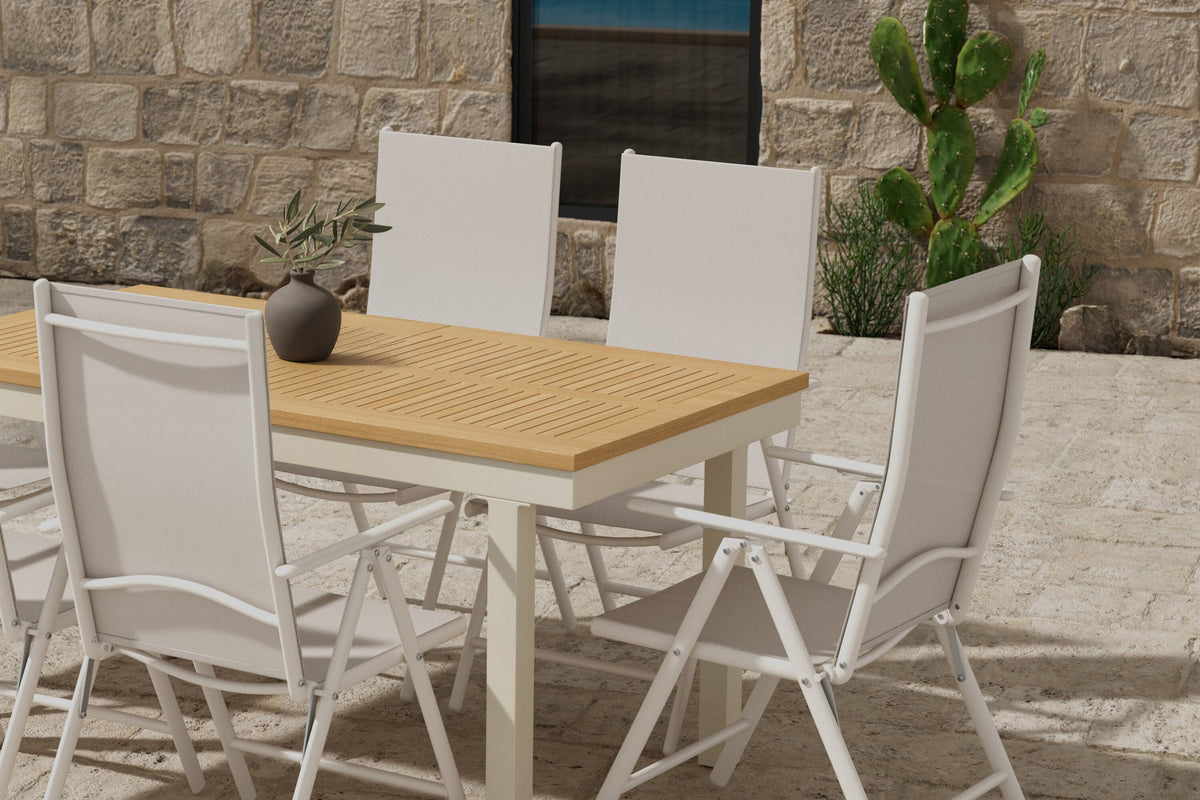 Panama matgrupp med naturfärgat bord och 6 beige Break-stolar