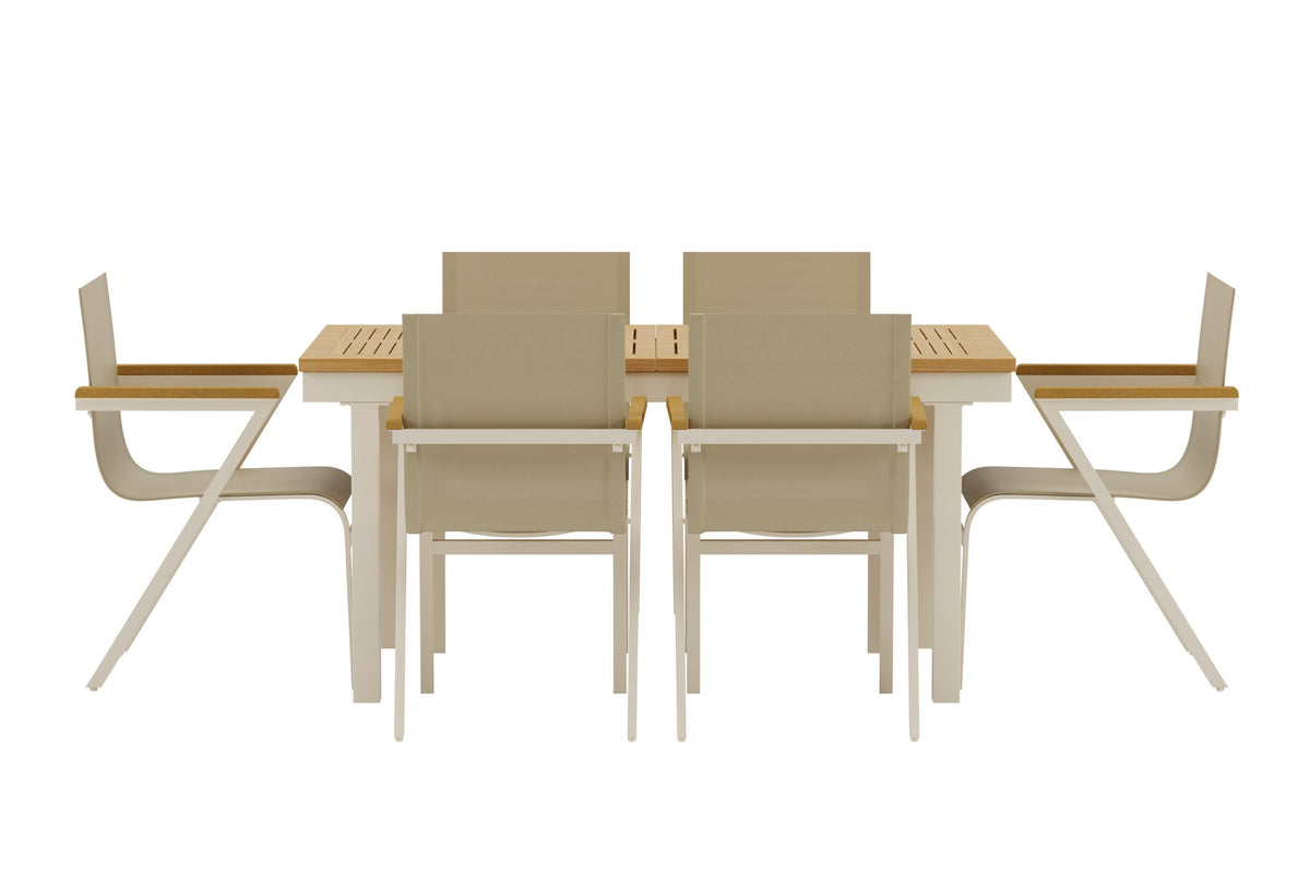 Panama matgrupp med naturfärgat bord och 6 beige Mexico-stolar