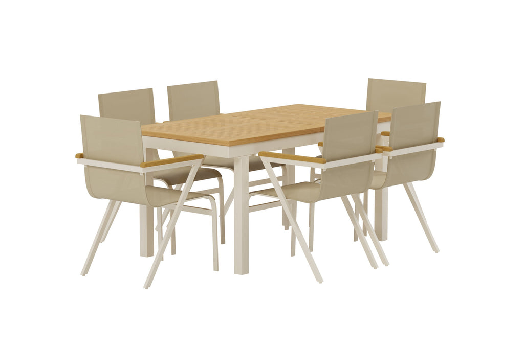 Panama matgrupp med naturfärgat bord och 6 beige Mexico-stolar