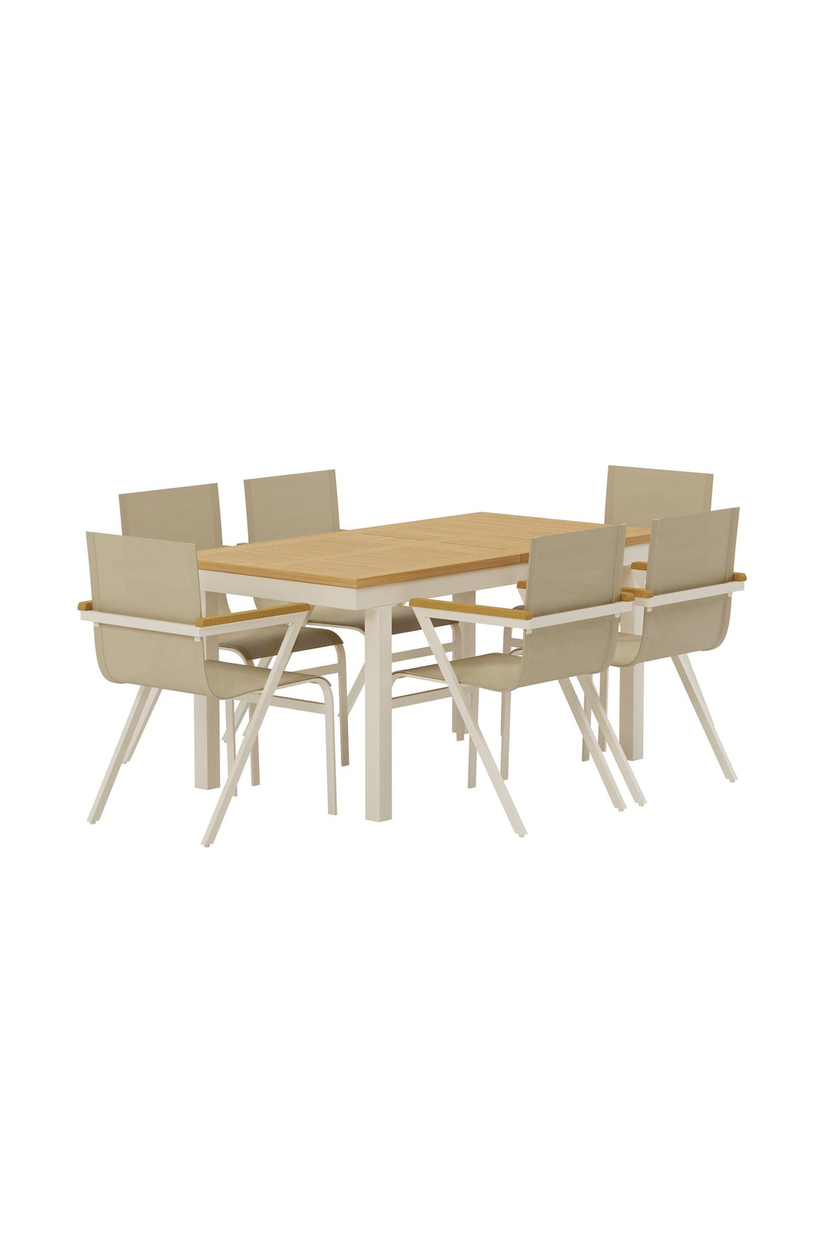 Panama matgrupp med naturfärgat bord och 6 beige Mexico-stolar