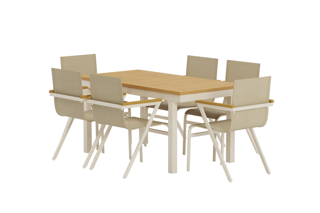 Panama matgrupp med naturfärgat bord och 6 beige Mexico-stolar
