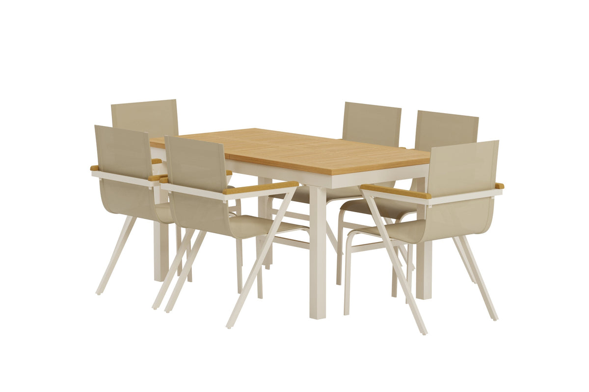 Panama matgrupp med naturfärgat bord och 6 beige Mexico-stolar