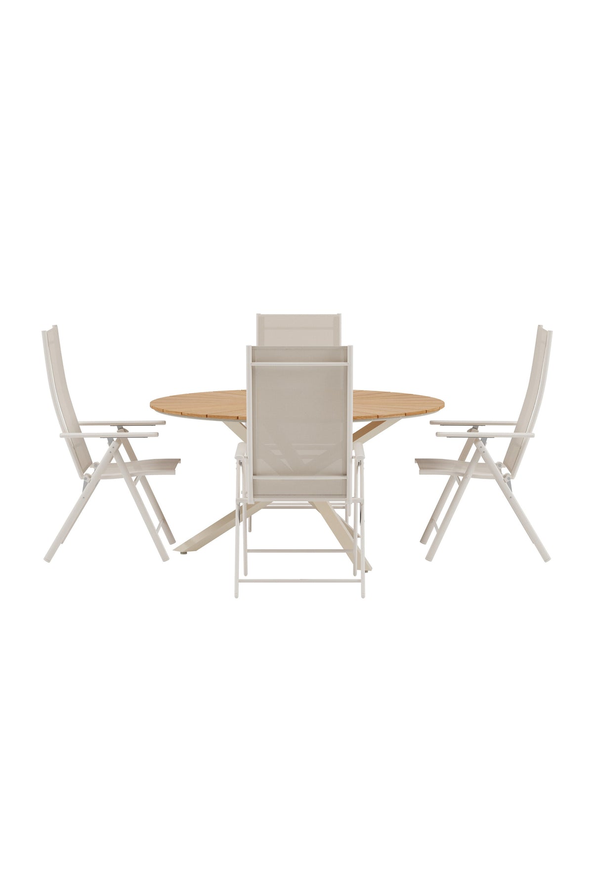 Mexico matgrupp med naturfärgat bord och 4 beige Levanzo-stolar