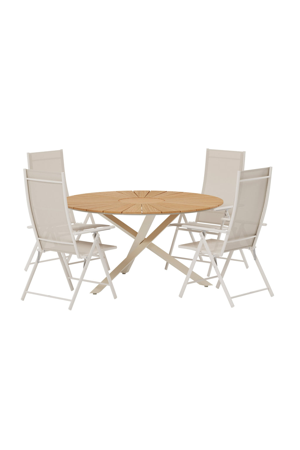 Mexico matgrupp med naturfärgat bord och 4 beige Levanzo-stolar