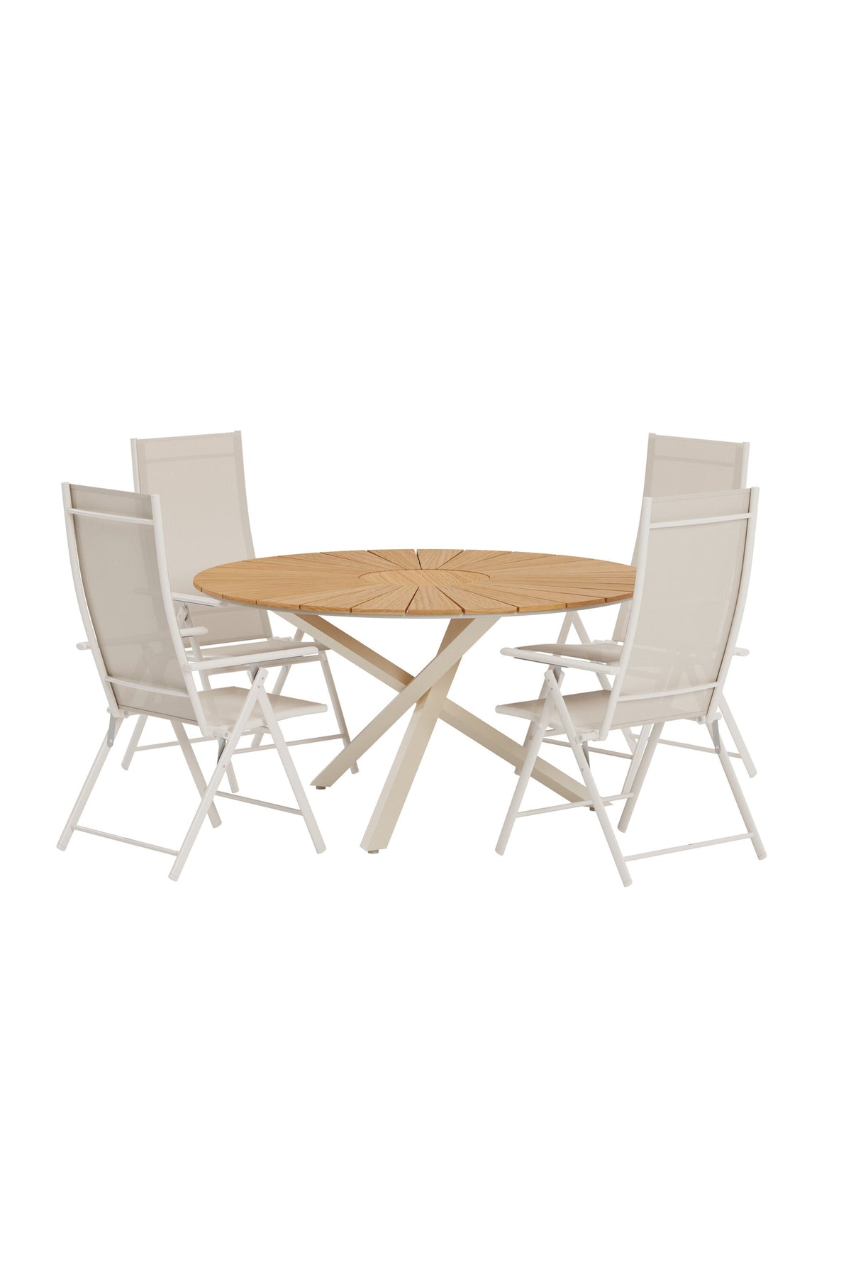 Mexico matgrupp med naturfärgat bord och 4 beige Levanzo-stolar