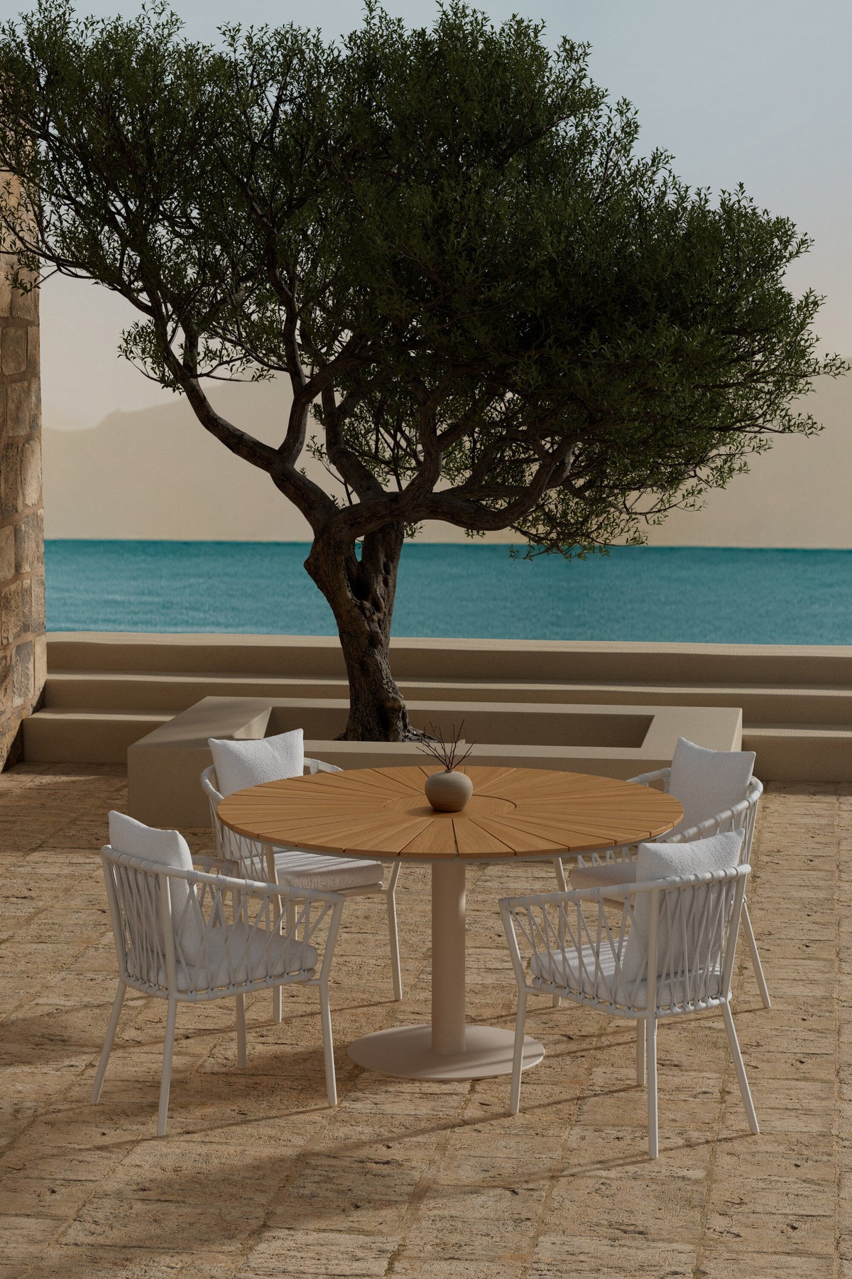Croft matgrupp med beige bord och 4 vita Linos-stolar
