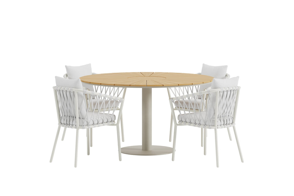 Croft matgrupp med beige bord och 4 vita Linos-stolar