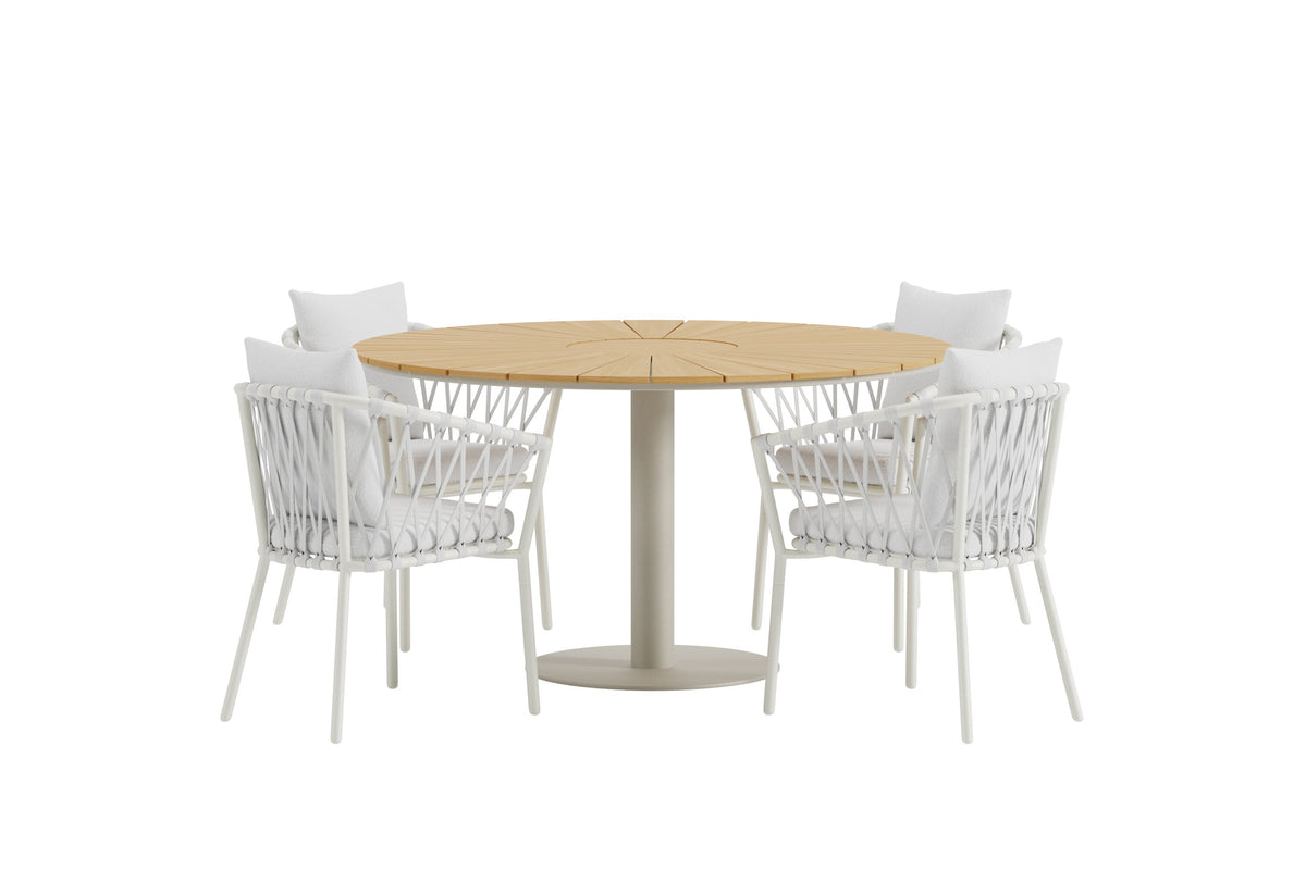 Croft matgrupp med beige bord och 4 vita Linos-stolar