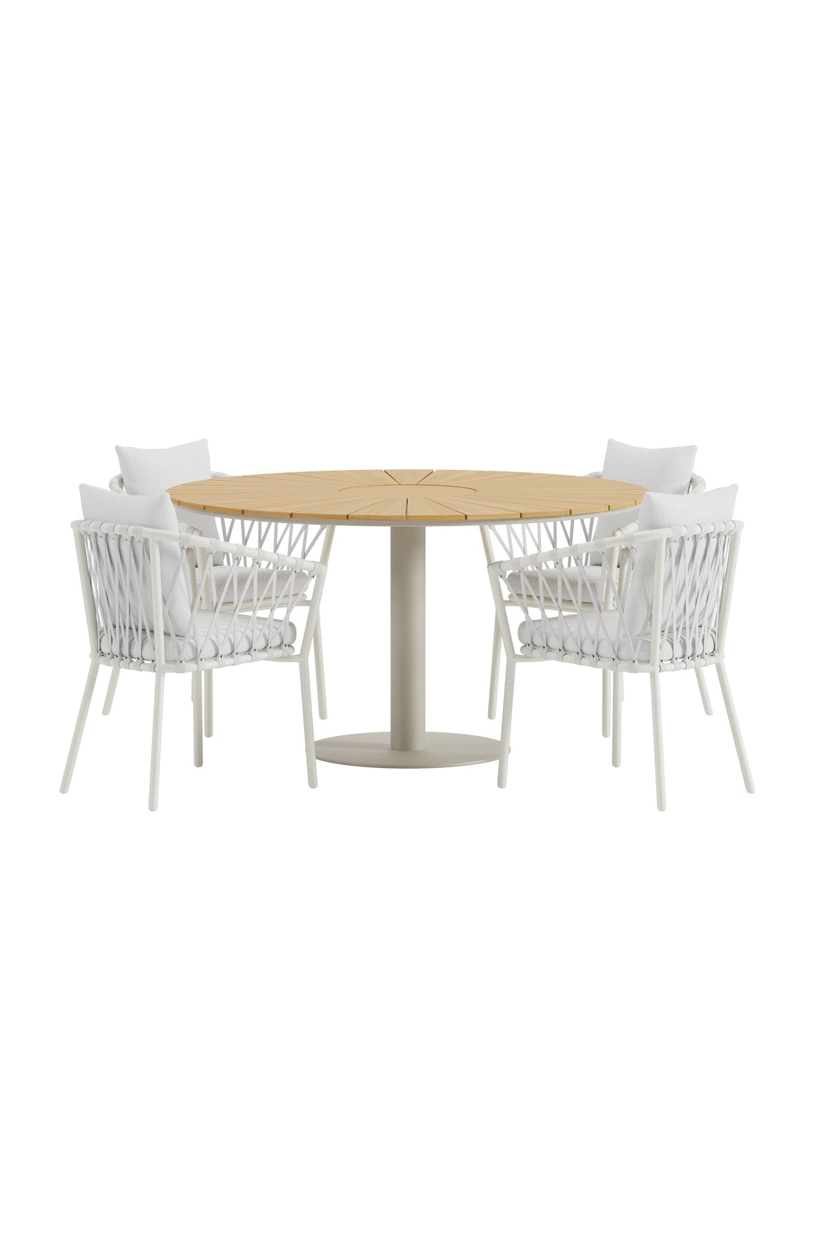Croft matgrupp med beige bord och 4 vita Linos-stolar