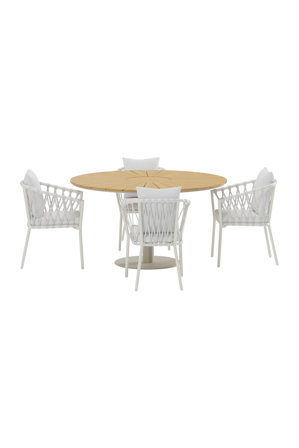 Croft matgrupp med beige bord och 4 vita Linos-stolar