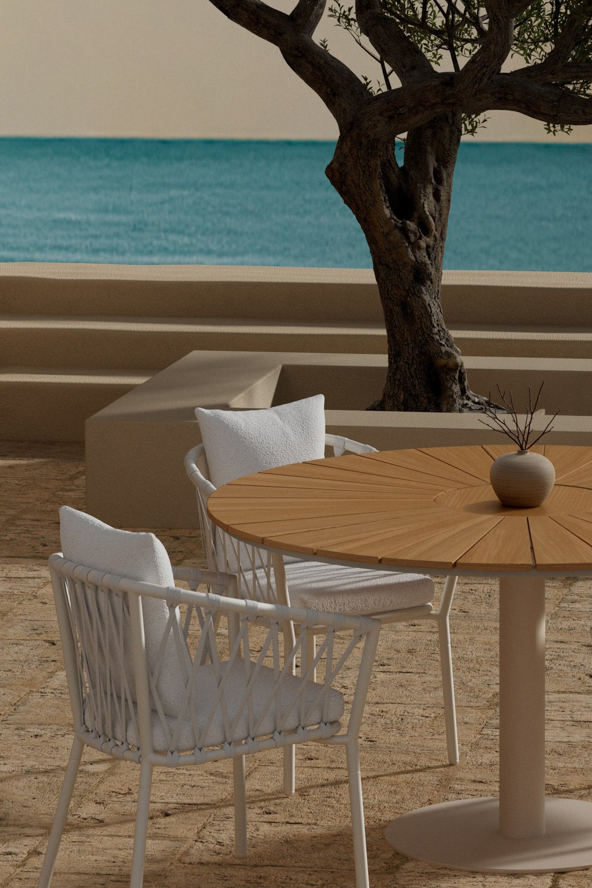 Croft matgrupp med beige bord och 4 vita Linos-stolar