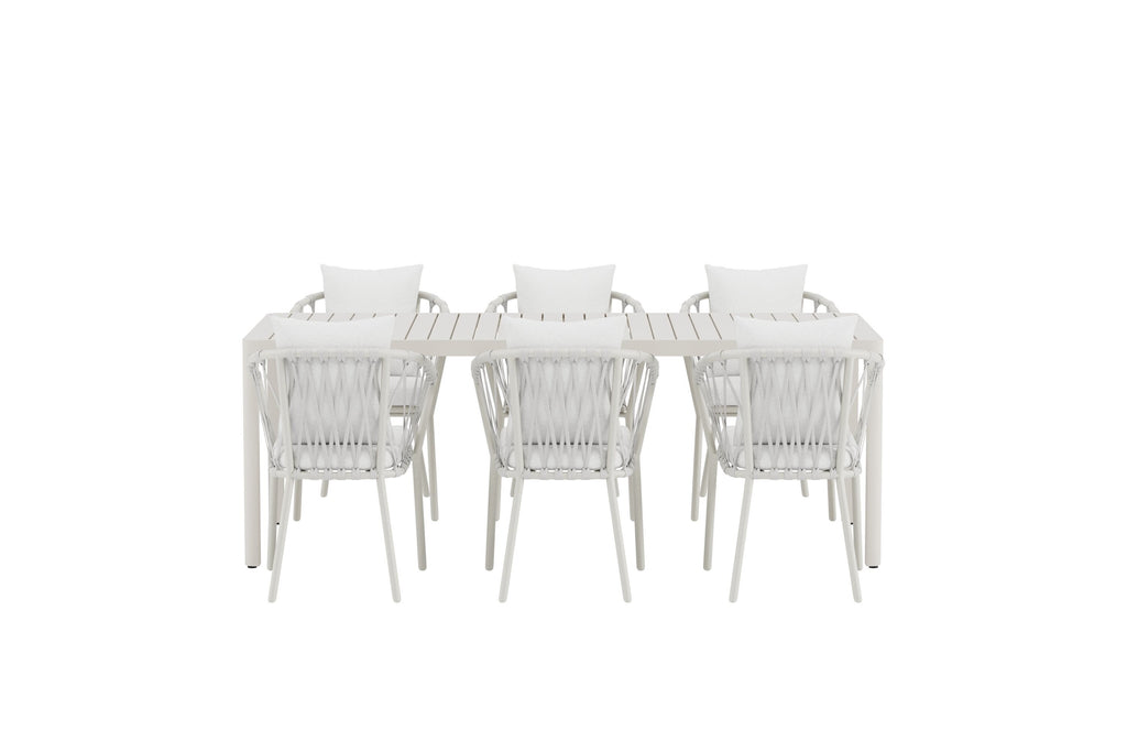 Giardini matgrupp med beige bord och 6 vita Linos-stolar