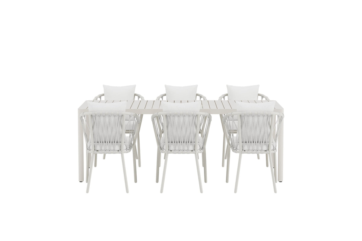 Giardini matgrupp med beige bord och 6 vita Linos-stolar