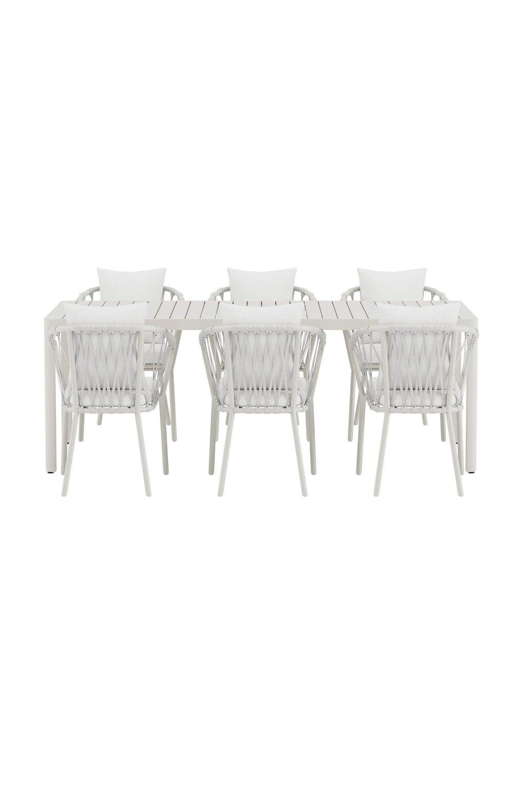 Giardini matgrupp med beige bord och 6 vita Linos-stolar