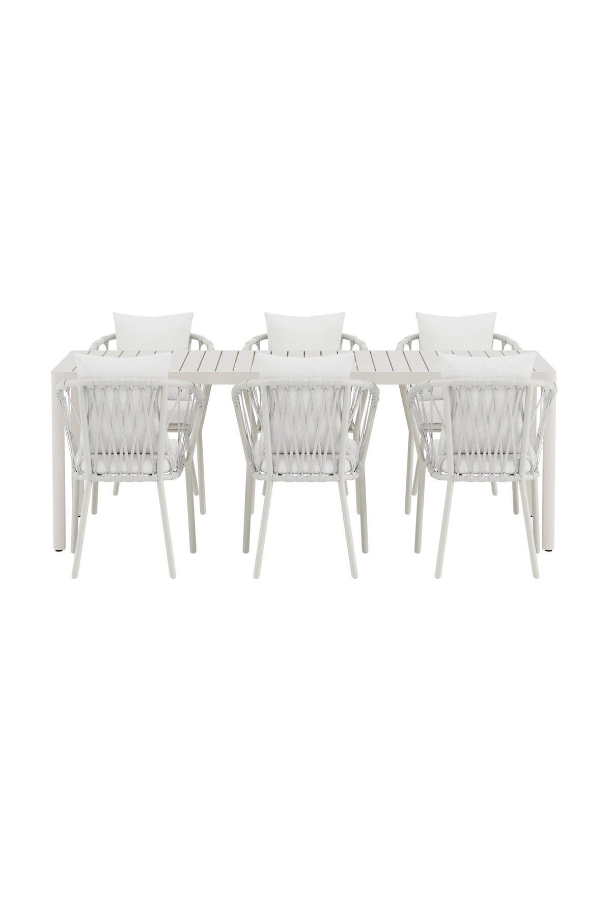 Giardini matgrupp med beige bord och 6 vita Linos-stolar