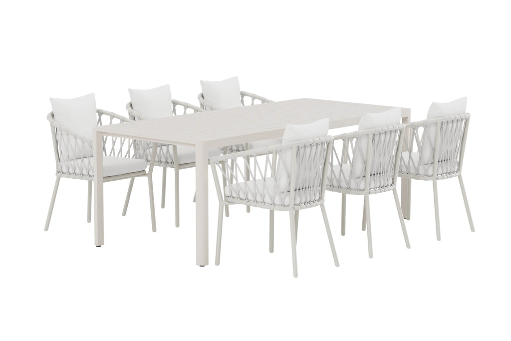 Giardini matgrupp med beige bord och 6 vita Linos-stolar