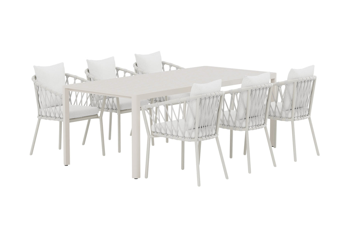 Giardini matgrupp med beige bord och 6 vita Linos-stolar
