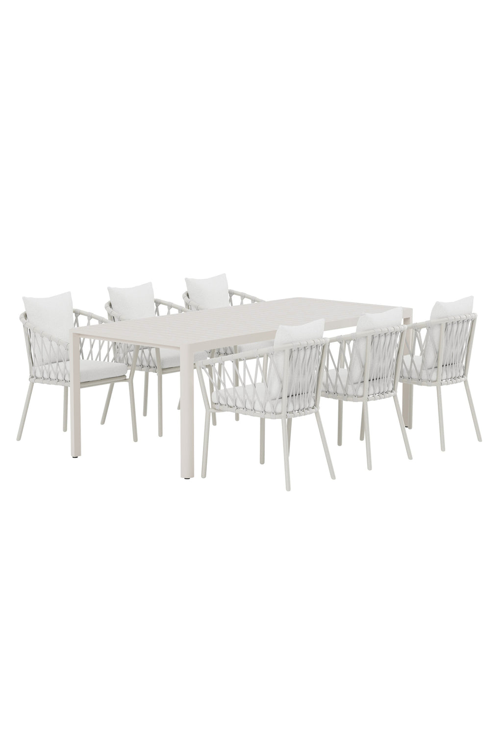 Giardini matgrupp med beige bord och 6 vita Linos-stolar