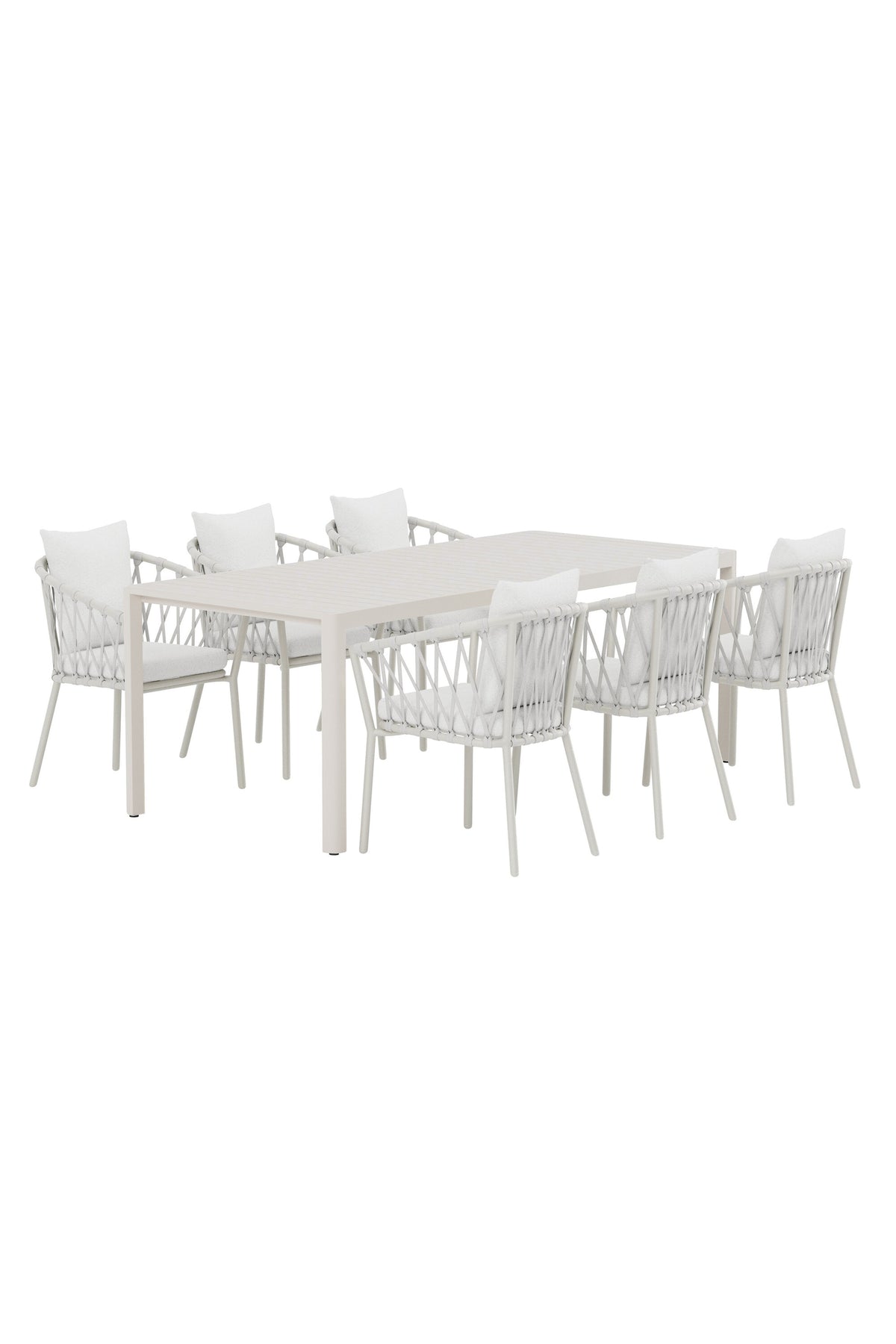 Giardini matgrupp med beige bord och 6 vita Linos-stolar
