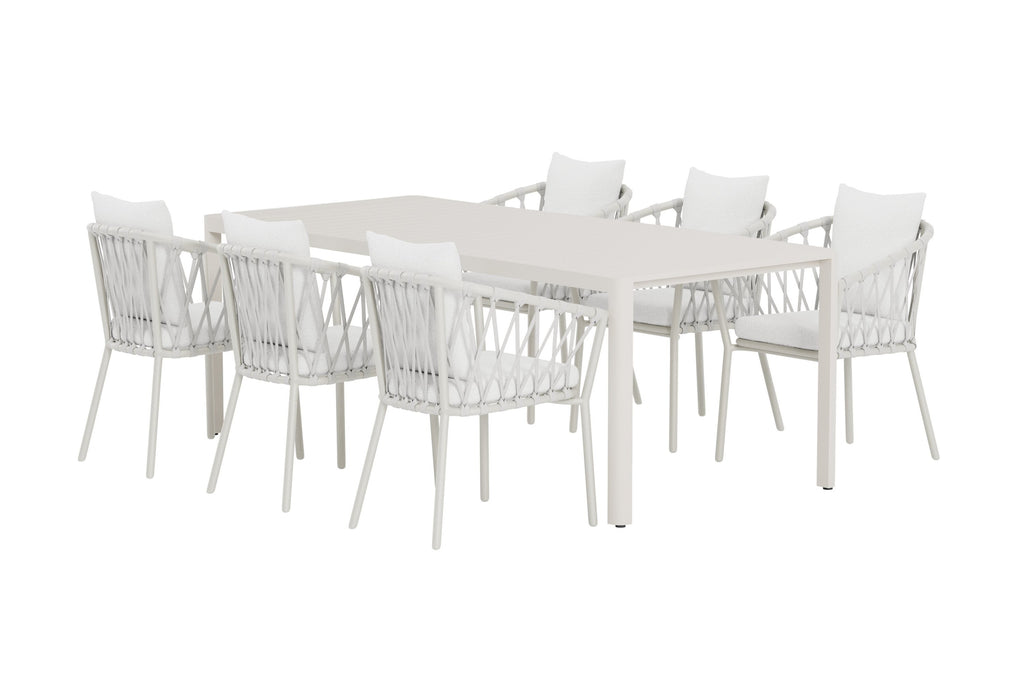 Giardini matgrupp med beige bord och 6 vita Linos-stolar