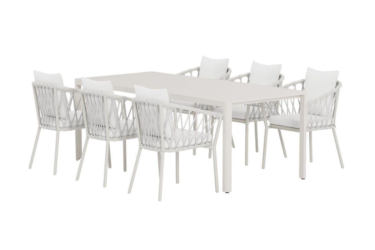 Giardini matgrupp med beige bord och 6 vita Linos-stolar