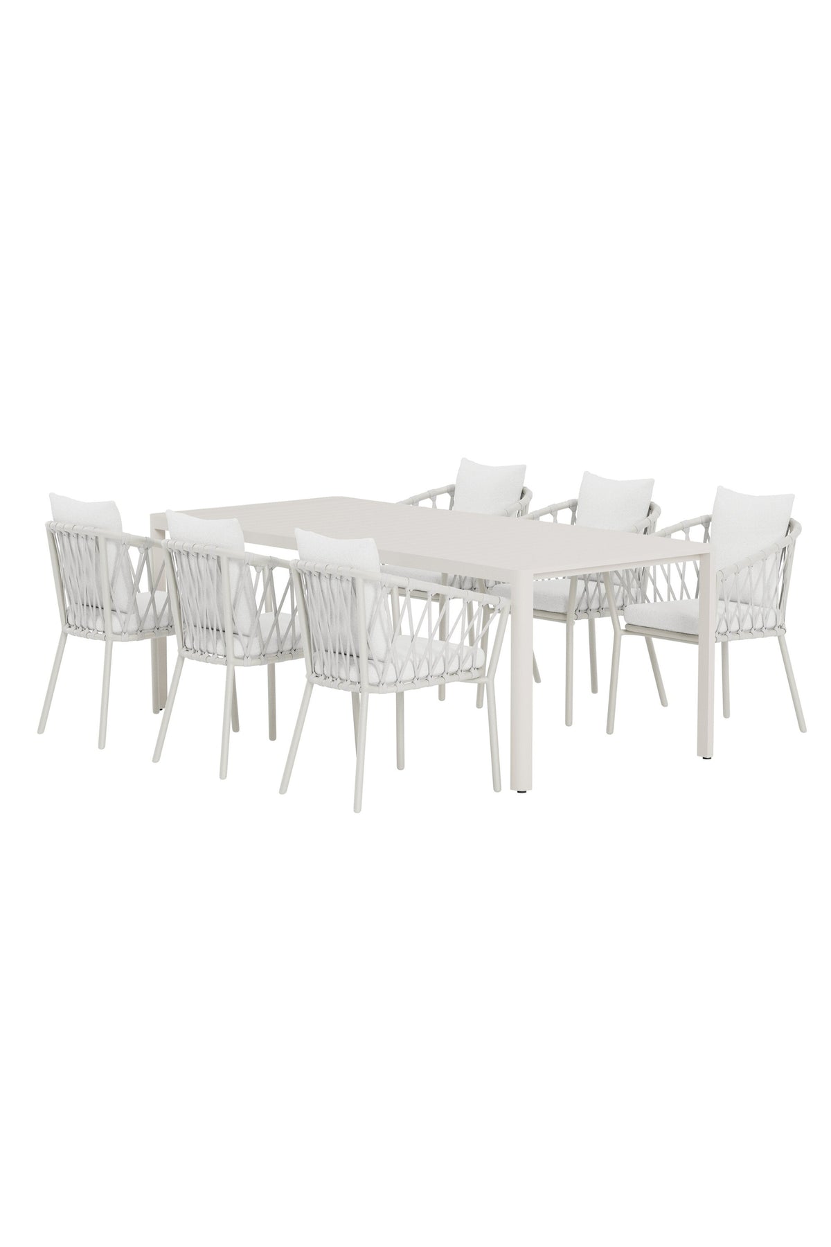 Giardini matgrupp med beige bord och 6 vita Linos-stolar