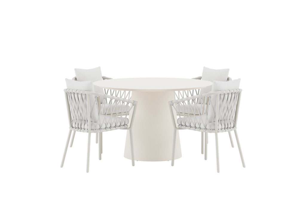 Lanzo matgrupp med beige bord och 4 vita Linos-stolar