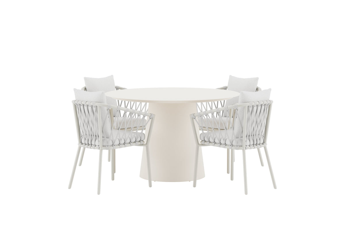 Lanzo matgrupp med beige bord och 4 vita Linos-stolar