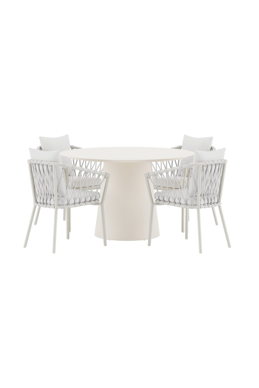 Lanzo matgrupp med beige bord och 4 vita Linos-stolar