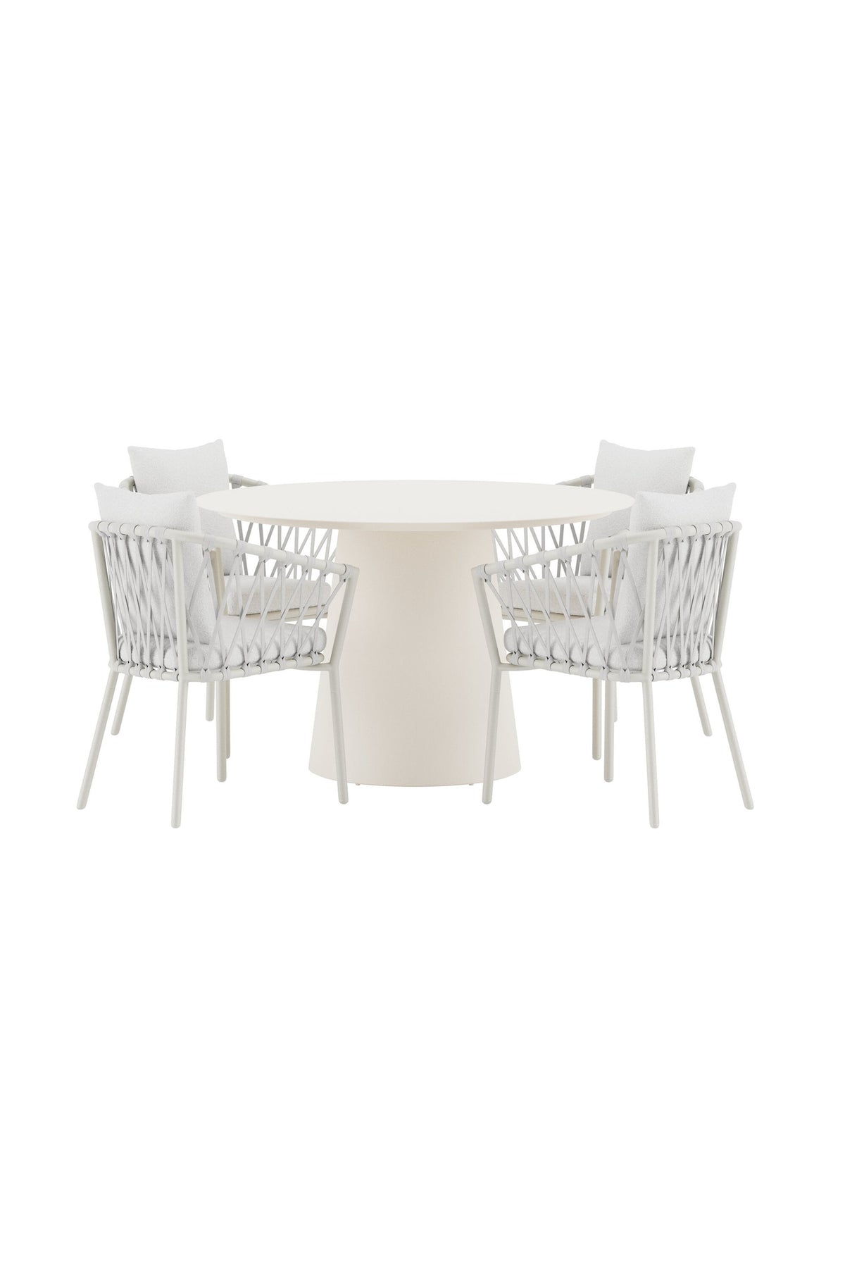 Lanzo matgrupp med beige bord och 4 vita Linos-stolar