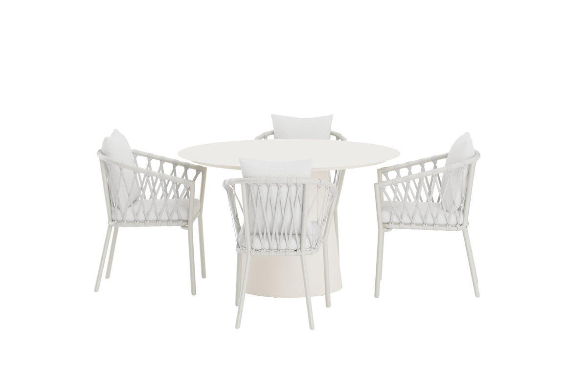 Lanzo matgrupp med beige bord och 4 vita Linos-stolar