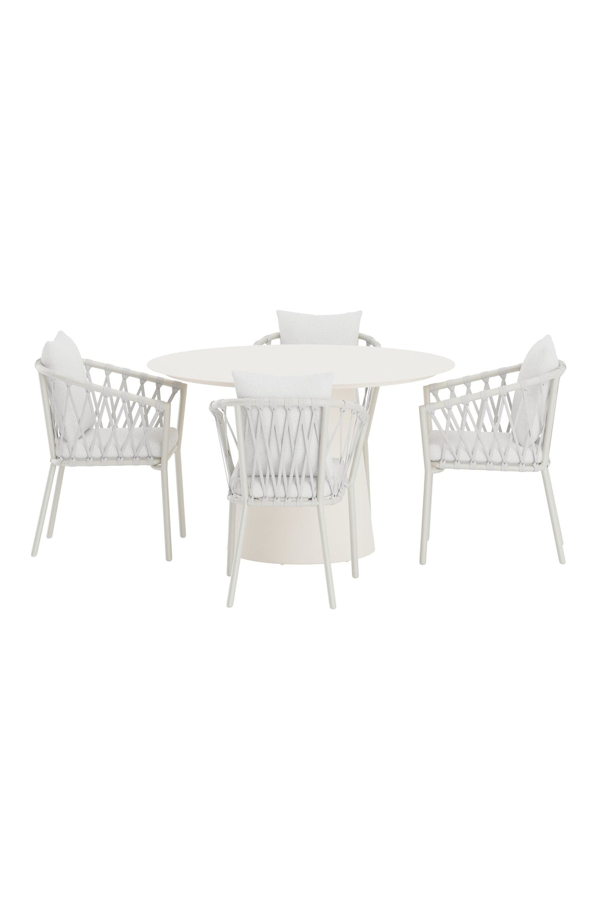 Lanzo matgrupp med beige bord och 4 vita Linos-stolar