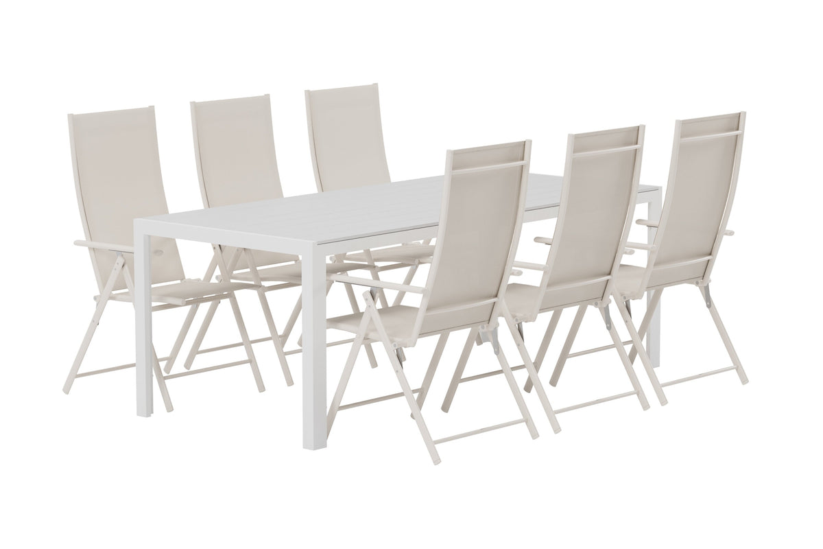 Break matgrupp med vitt bord och 6 beige Levanzo stolar