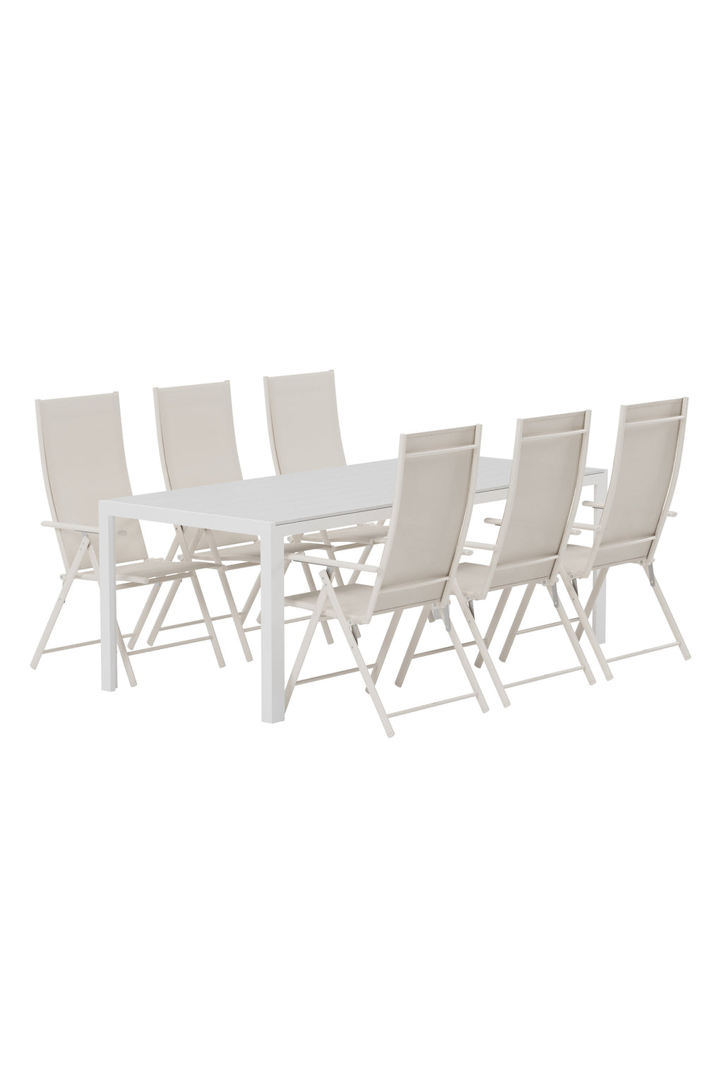 Break matgrupp med vitt bord och 6 beige Levanzo stolar