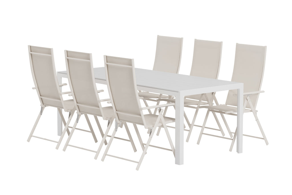 Break matgrupp med vitt bord och 6 beige Levanzo stolar